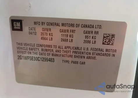 2012 Chevrolet Impala Ls z USA, uszkodzony, nr VIN 2G1WF5E30C1299483
